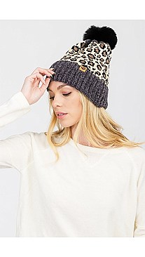 Pack of 12 Trendy Fleece Lined Leopard Print Assorted Color Pom Pom Beanie