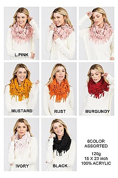 Pack of 12 Chic Assorted Color Fringe Detail Infinity Scarf