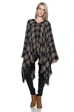 Pack of (6 pieces) Fashionable Plaid Pattern Fringe Poncho FM-FTZWSF196