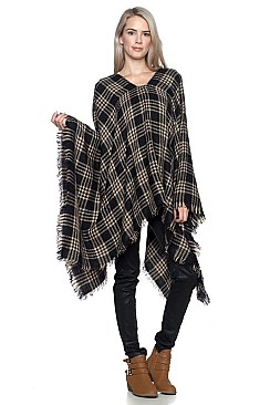 Pack of (6 pieces) Fashionable Plaid Pattern Fringe Poncho FM-FTZWSF196