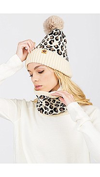 Pack of 12 Stylish Fleece Lined Assorted Color Leopard Print Beanie And Infinity Scarf Set