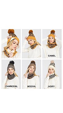 Pack of 12 Stylish Fleece Lined Assorted Color Leopard Print Beanie And Infinity Scarf Set