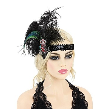 FEATHER OWL ACCENT SEQUIN GATSBY HEADBAND