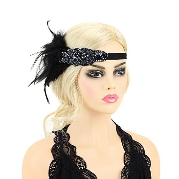 BEADED GATSBY FEATHER HEAD BAND