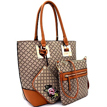 [S]GF1421-LP 3 in 1 Checker Pattern Tote SET with Flower Embroidered Wrislet