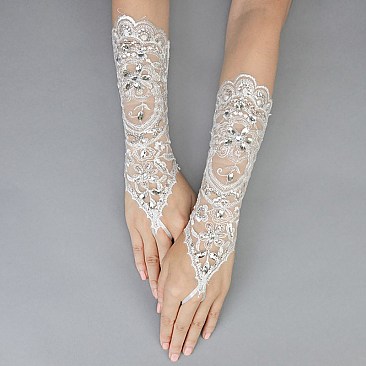 FASHIONABLE EMBROIDERED LACE UP FINGERLESS WEDDING GLOVES SLGLV939
