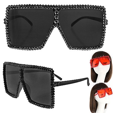 TRENDY SPARKLING RHINESTONE LARGE SQUARE OVERSIZED SUNGLASSES