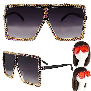 TRENDY SPARKLING RHINESTONE LARGE SQUARE OVERSIZED SUNGLASSES