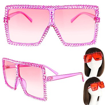 TRENDY SPARKLING RHINESTONE LARGE SQUARE OVERSIZED SUNGLASSES