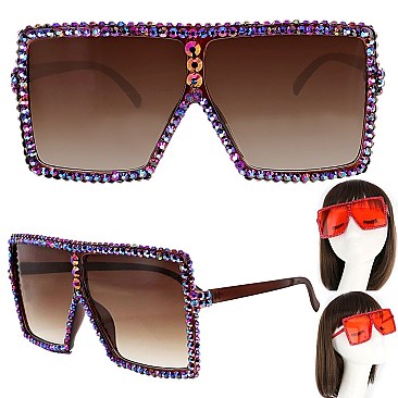 TRENDY SPARKLING RHINESTONE LARGE SQUARE OVERSIZED SUNGLASSES