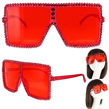 TRENDY SPARKLING RHINESTONE LARGE SQUARE OVERSIZED SUNGLASSES