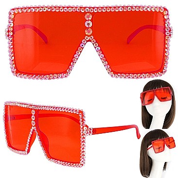 TRENDY SPARKLING RHINESTONE LARGE SQUARE OVERSIZED SUNGLASSES