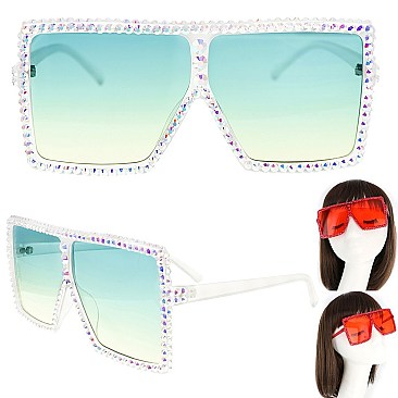 TRENDY SPARKLING RHINESTONE LARGE SQUARE OVERSIZED SUNGLASSES