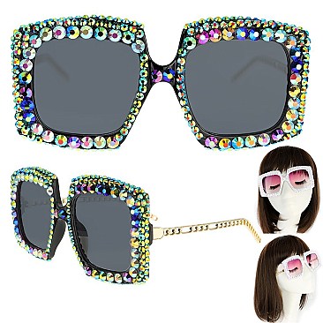 SPARKLING RHINESTONE SQUARE FRAME SUNGLASSES