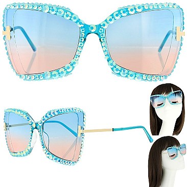 SPARKLING RHINESTONE THICK RIM CAT EYE SUNGLASSES