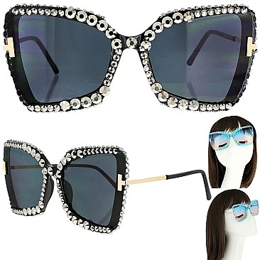 SPARKLING RHINESTONE THICK RIM CAT EYE SUNGLASSES