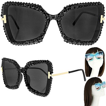 SPARKLING RHINESTONE THICK RIM CAT EYE SUNGLASSES