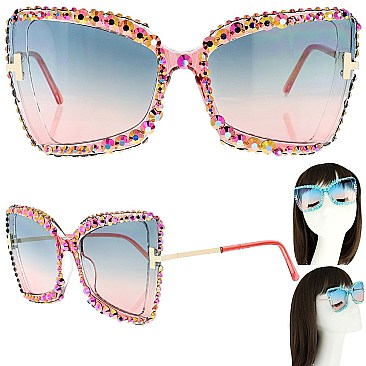 SPARKLING RHINESTONE THICK RIM CAT EYE SUNGLASSES