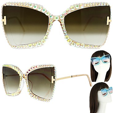 SPARKLING RHINESTONE THICK RIM CAT EYE SUNGLASSES