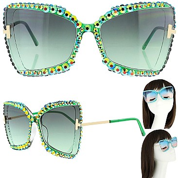 SPARKLING RHINESTONE THICK RIM CAT EYE SUNGLASSES