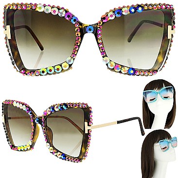 SPARKLING RHINESTONE THICK RIM CAT EYE SUNGLASSES