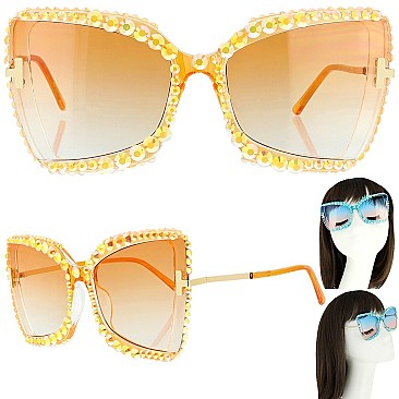 SPARKLING RHINESTONE THICK RIM CAT EYE SUNGLASSES