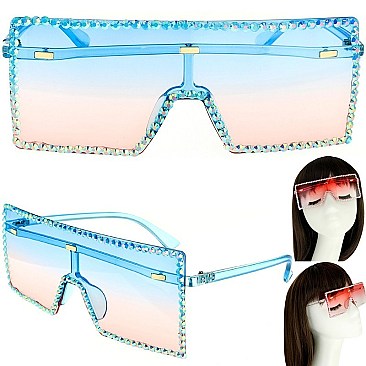 TRENDY SPARKLING RHINESTONE RECTANGULAR SUNGLASSES