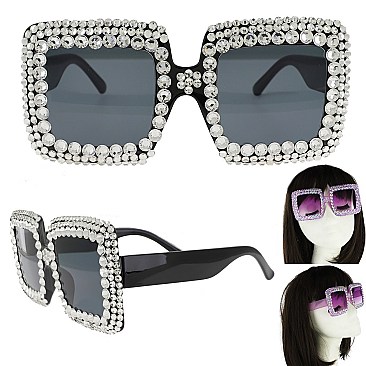 COLORED LENSES SPARKLING RHINESTONE SQUARE SUNGLASSES