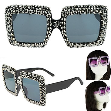 COLORED LENSES SPARKLING RHINESTONE SQUARE SUNGLASSES