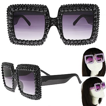 COLORED LENSES SPARKLING RHINESTONE SQUARE SUNGLASSES