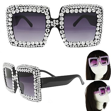 COLORED LENSES SPARKLING RHINESTONE SQUARE SUNGLASSES