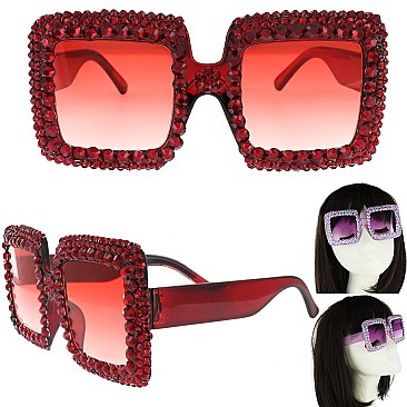 COLORED LENSES SPARKLING RHINESTONE SQUARE SUNGLASSES