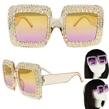 COLORED LENSES SPARKLING RHINESTONE SQUARE SUNGLASSES