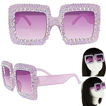 COLORED LENSES SPARKLING RHINESTONE SQUARE SUNGLASSES