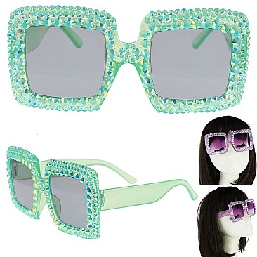 COLORED LENSES SPARKLING RHINESTONE SQUARE SUNGLASSES