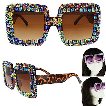 COLORED LENSES SPARKLING RHINESTONE SQUARE SUNGLASSES