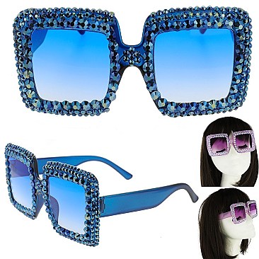 COLORED LENSES SPARKLING RHINESTONE SQUARE SUNGLASSES