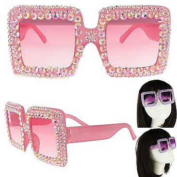 COLORED LENSES SPARKLING RHINESTONE SQUARE SUNGLASSES