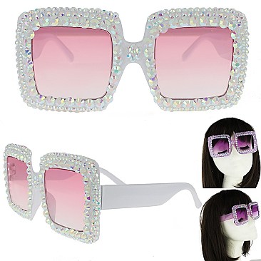 COLORED LENSES SPARKLING RHINESTONE SQUARE SUNGLASSES