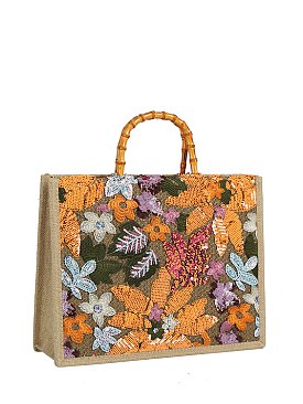 Sequin Embroidery Bamboo Top Handle Satchel
