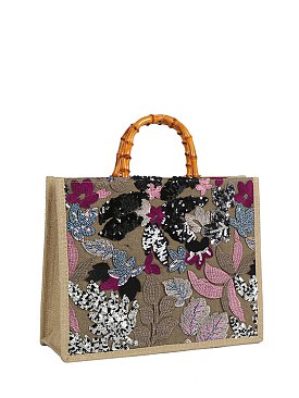 Sequin Embroidery Bamboo Top Handle Satchel