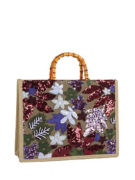Sequin Embroidery Bamboo Top Handle Satchel