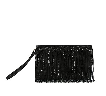 Metallic Sequin Fringe Clutch