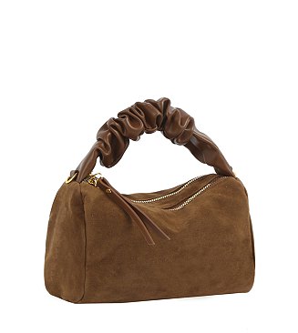 Faux Suede Ruched Handle Satchel