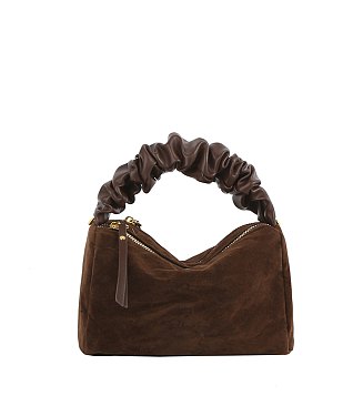 Faux Suede Ruched Handle Satchel