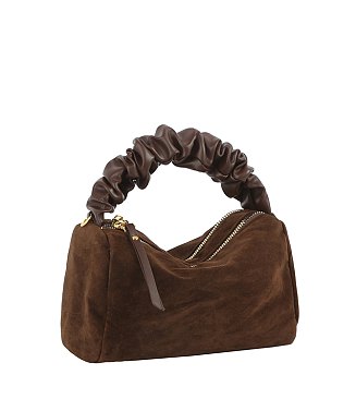 Faux Suede Ruched Handle Satchel