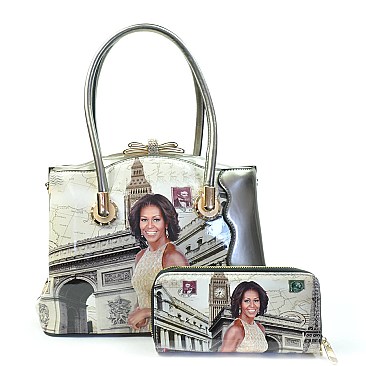 Michelle Obama Jewel-Top Dressy Frame Satchel Handbag Wallet SET