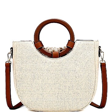 Wooden Handle Drawstring Woven Straw Satchel MH-GY281
