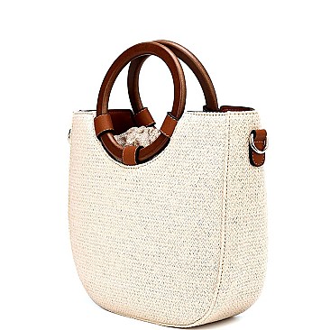 Wooden Handle Drawstring Woven Straw Satchel MH-GY281