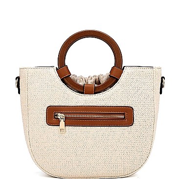 Wooden Handle Drawstring Woven Straw Satchel MH-GY281